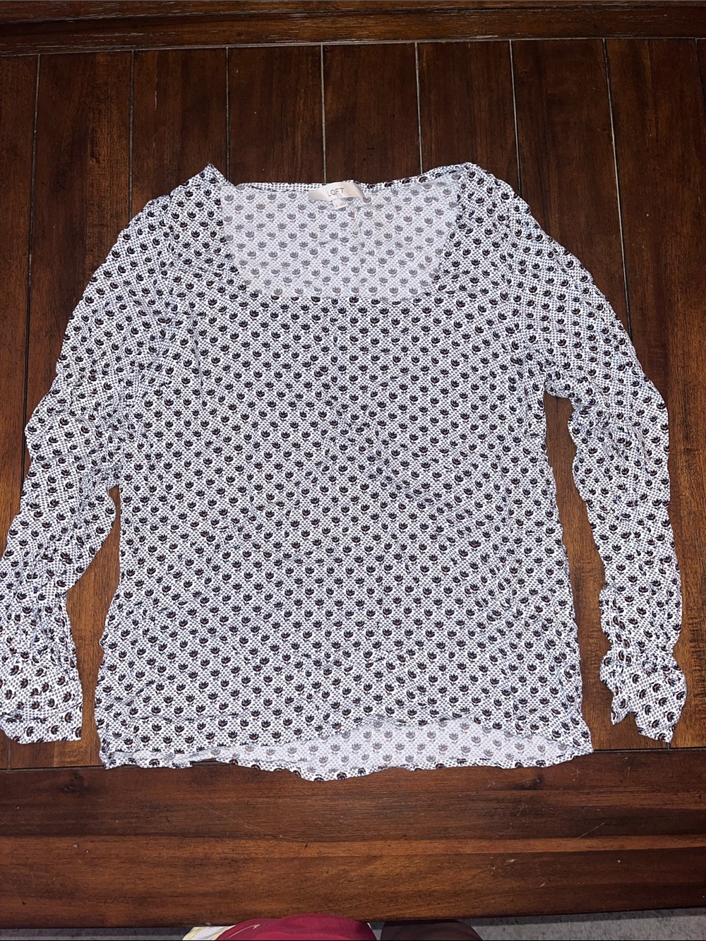 LOFT White and Black Floral Pattern Long Sleeve Top